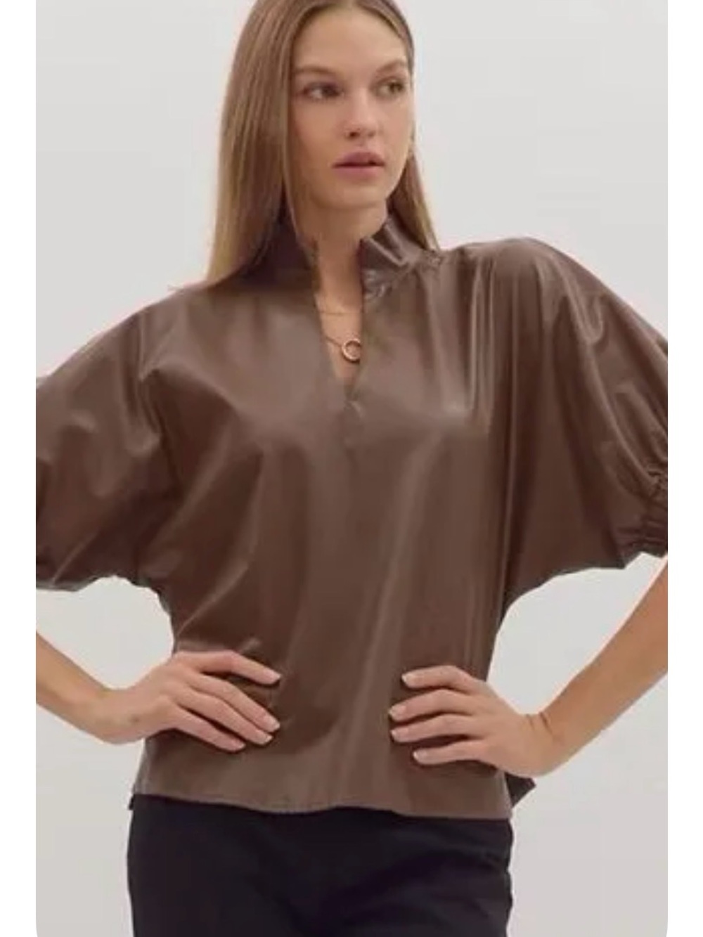 entro Brown Puff-Sleeve Faux Leather Top